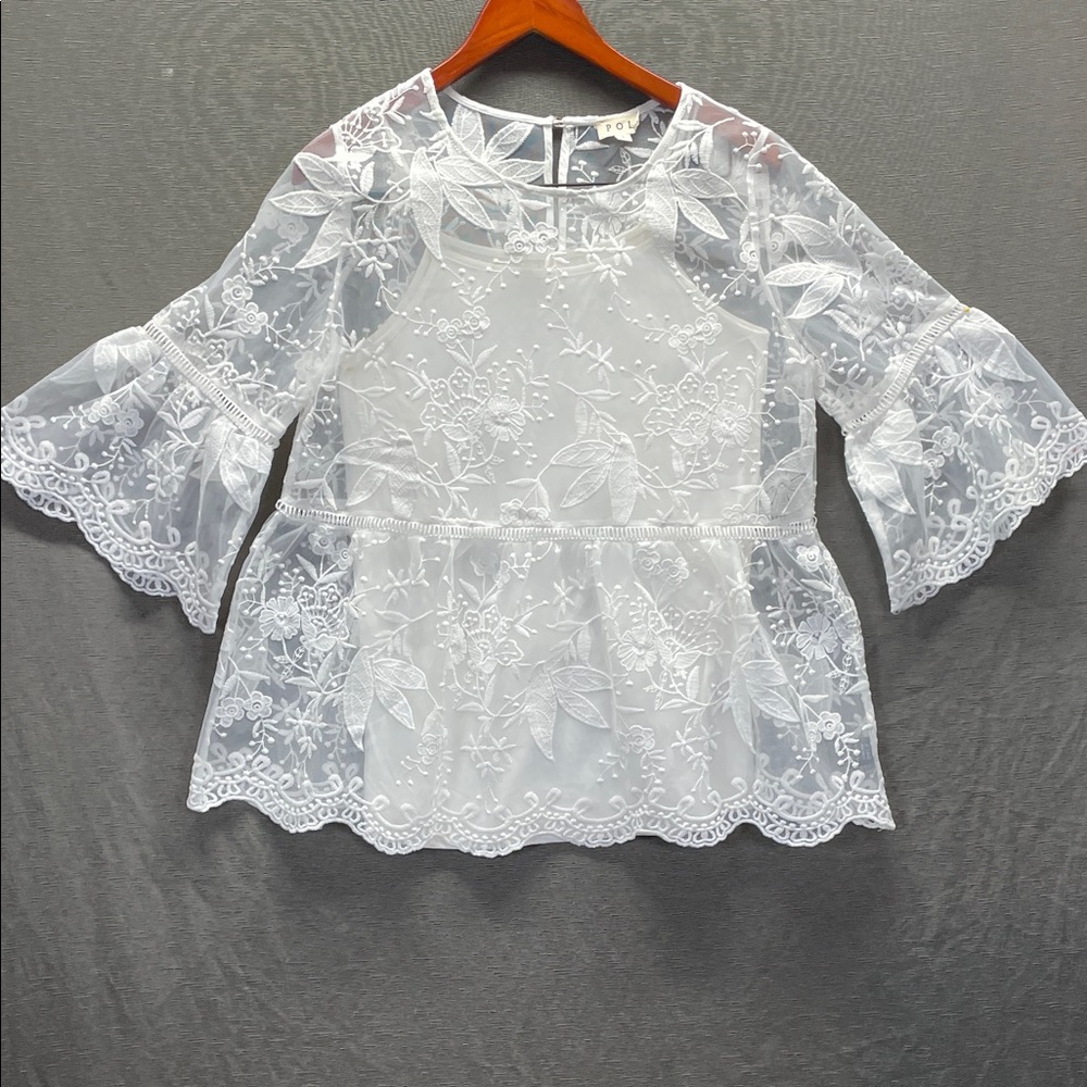 POL White Ruffled Lace Bib Collar embroidered Blouse